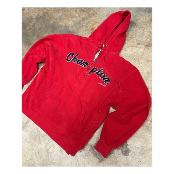 Vintage Champion Reverse Weave Half-Zip Red Hoodie Chain-Stitched Script Logo M - Picture 4 of 14